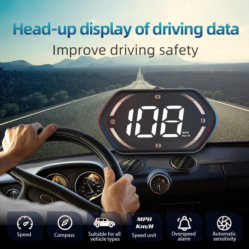 Docbraces Universal GPS Speedometer HUD for Cars - 2025 New Head Up Display with MPH/KMH, Overspeed Alarm, Fatigue Alert, Large LED Font, Plug & Play USB, Auto Brightness - Fits All Vehicles (Yellow) - Image 4